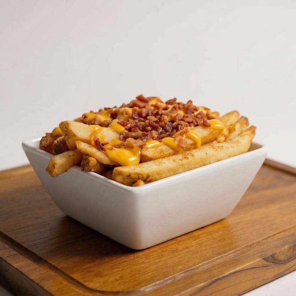 A white bowl filled with golden french fries, topped with melted cheese and crispy bacon bits.