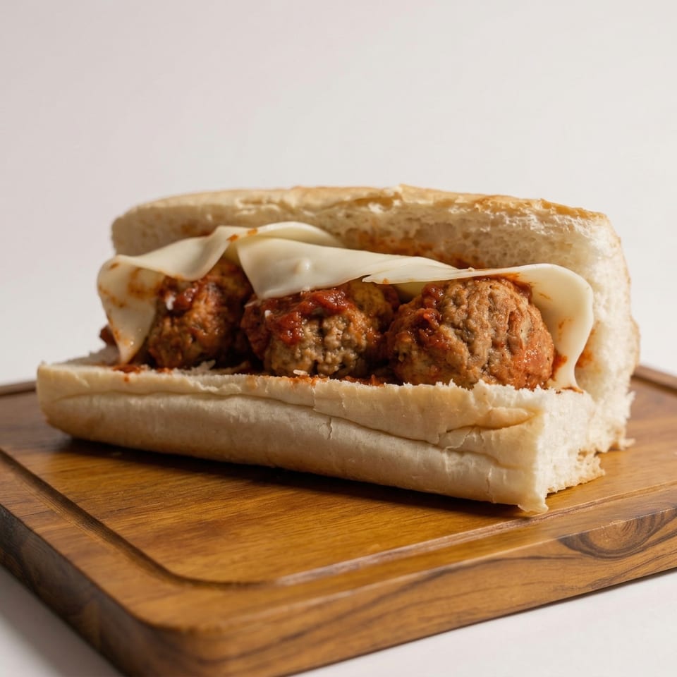 Meatball sub sandwich with melted cheese and marinara sauce on a wooden board.