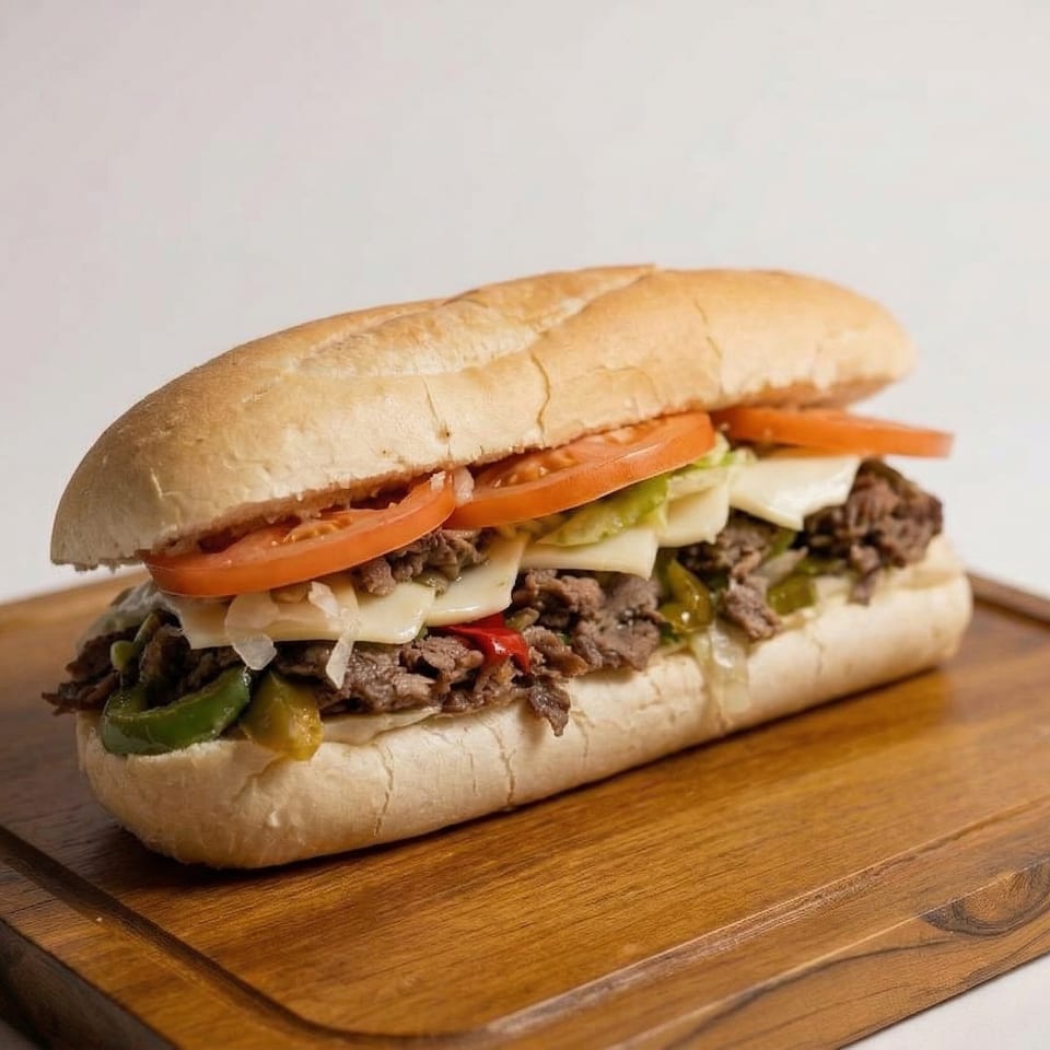 A delicious cheesesteak sandwich with steak, peppers, onions, tomatoes, and cheese on a wooden board.