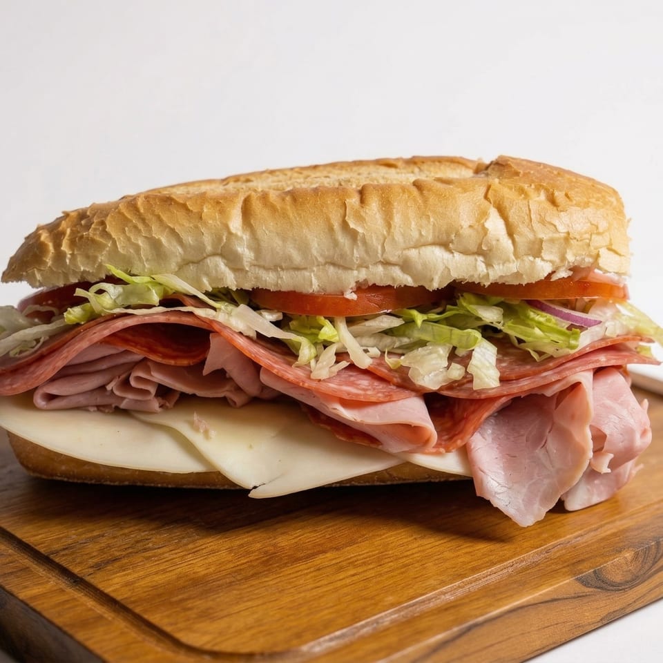 A large deli sub sandwich with various meats, cheese, lettuce, tomatoes, and onions on a wooden board.