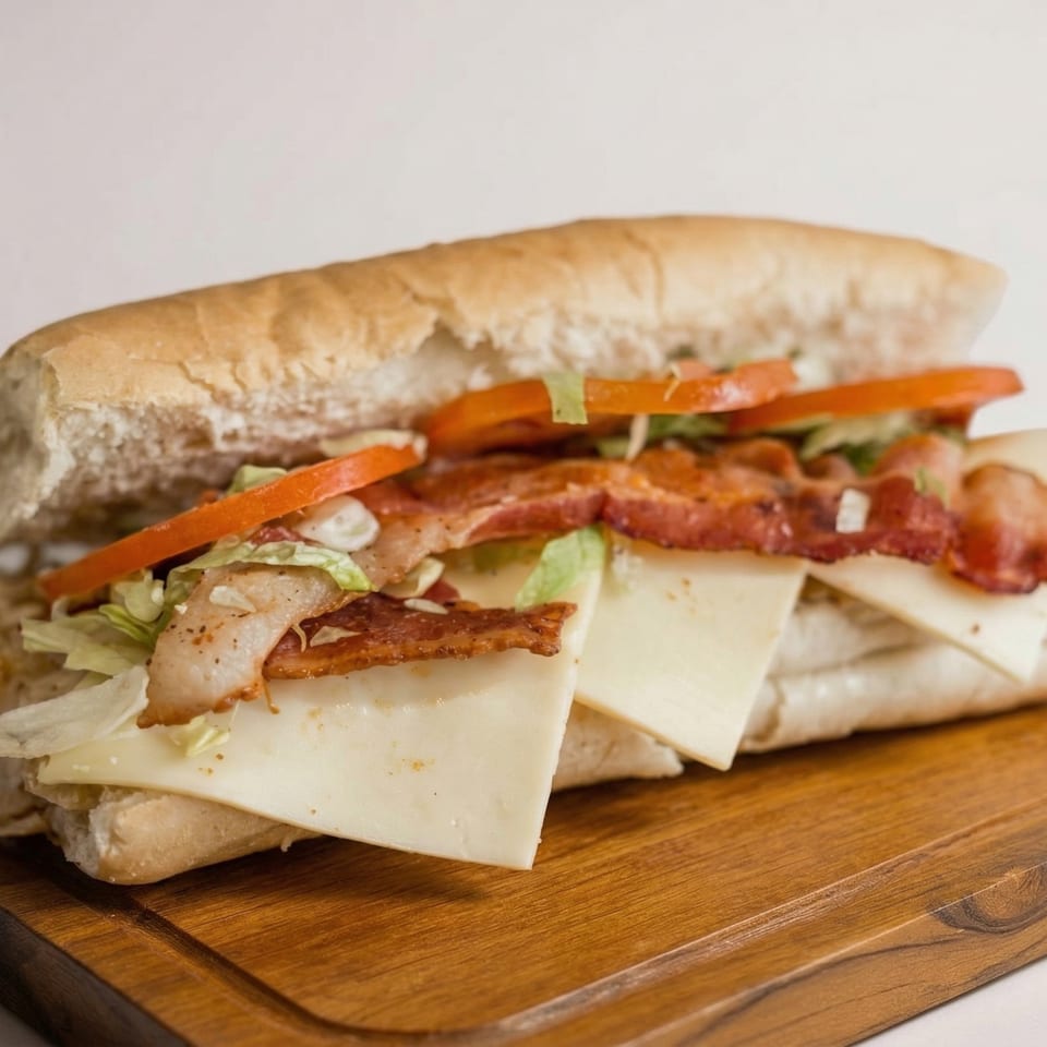 A large submarine sandwich with bacon, cheese, lettuce, and tomatoes on a wooden board.