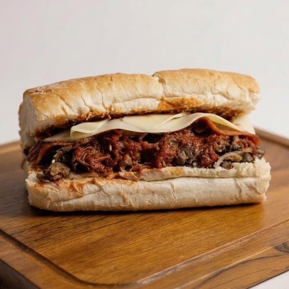 Hearty Italian beef sandwich with red sauce and melted provolone cheese on a wooden board.